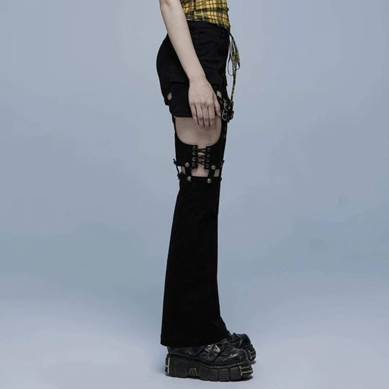 Women's Gothic Strappy Lace Splice Flared Leggings – Punk Design