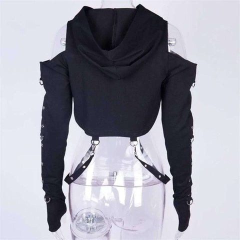 Drezdenx Goth Bare Shoulder Navel Cropped Hoodie With Sashes