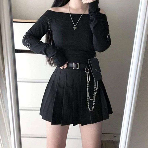 Gothic Mini Pleated Skirt With Detachable Belt And Waist Bag