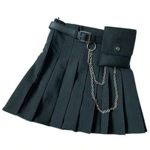 Drezdenx Goth Gothic Mini Pleated Skirt With Detachable Belt And Waist Bag